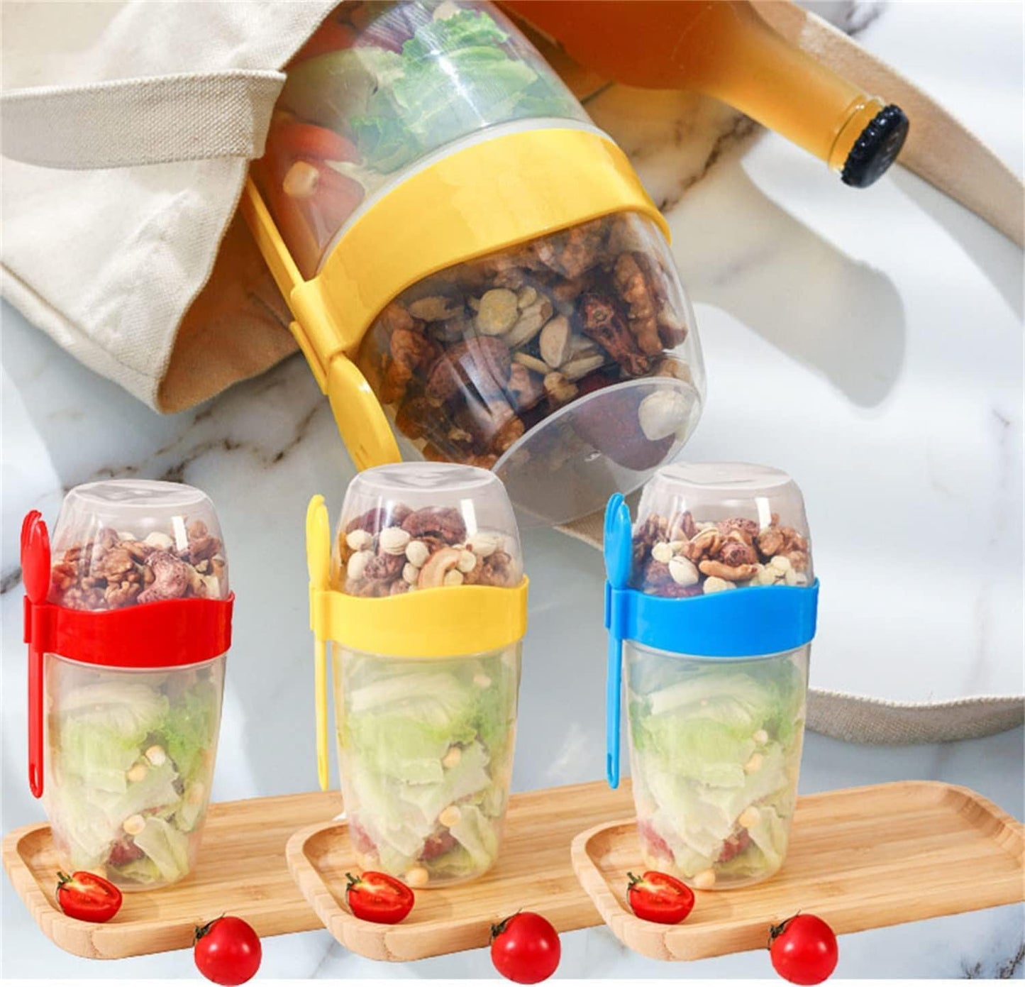Vaso Mezclador Porta Ensaladas Frutas Cereales Yogurt con Tenedor
