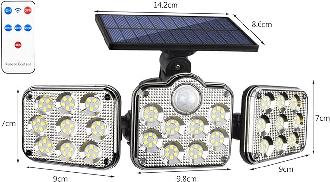 Foco solar triple con panel control remoto y sensor de movimiento