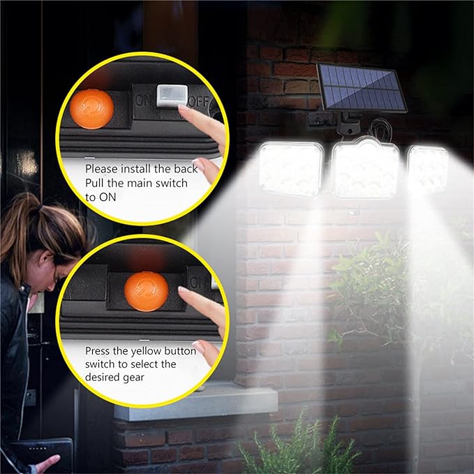 Foco solar triple con panel control remoto y sensor de movimiento