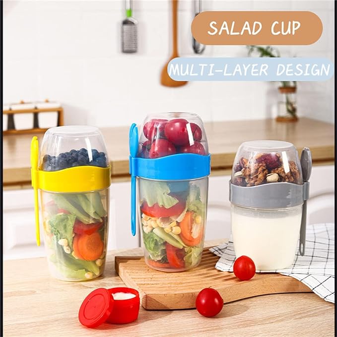 Vaso Mezclador Porta Ensaladas Frutas Cereales Yogurt con Tenedor