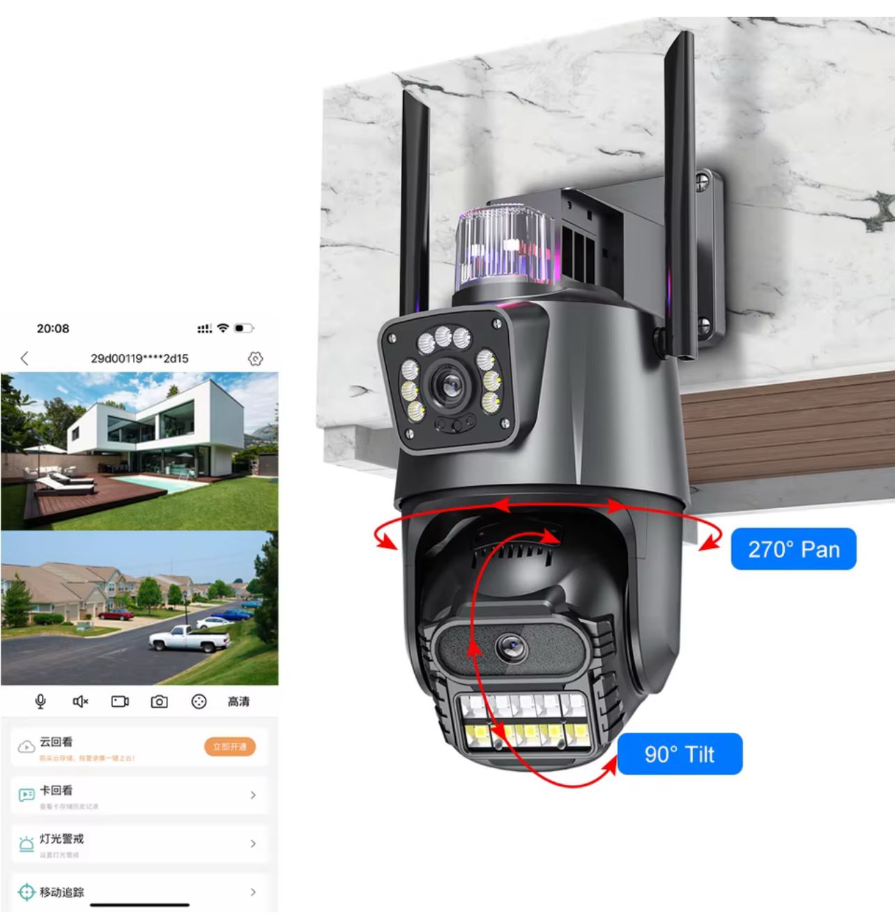 Cámara Domo Wifi Full HD con Doble Lente y Alarma