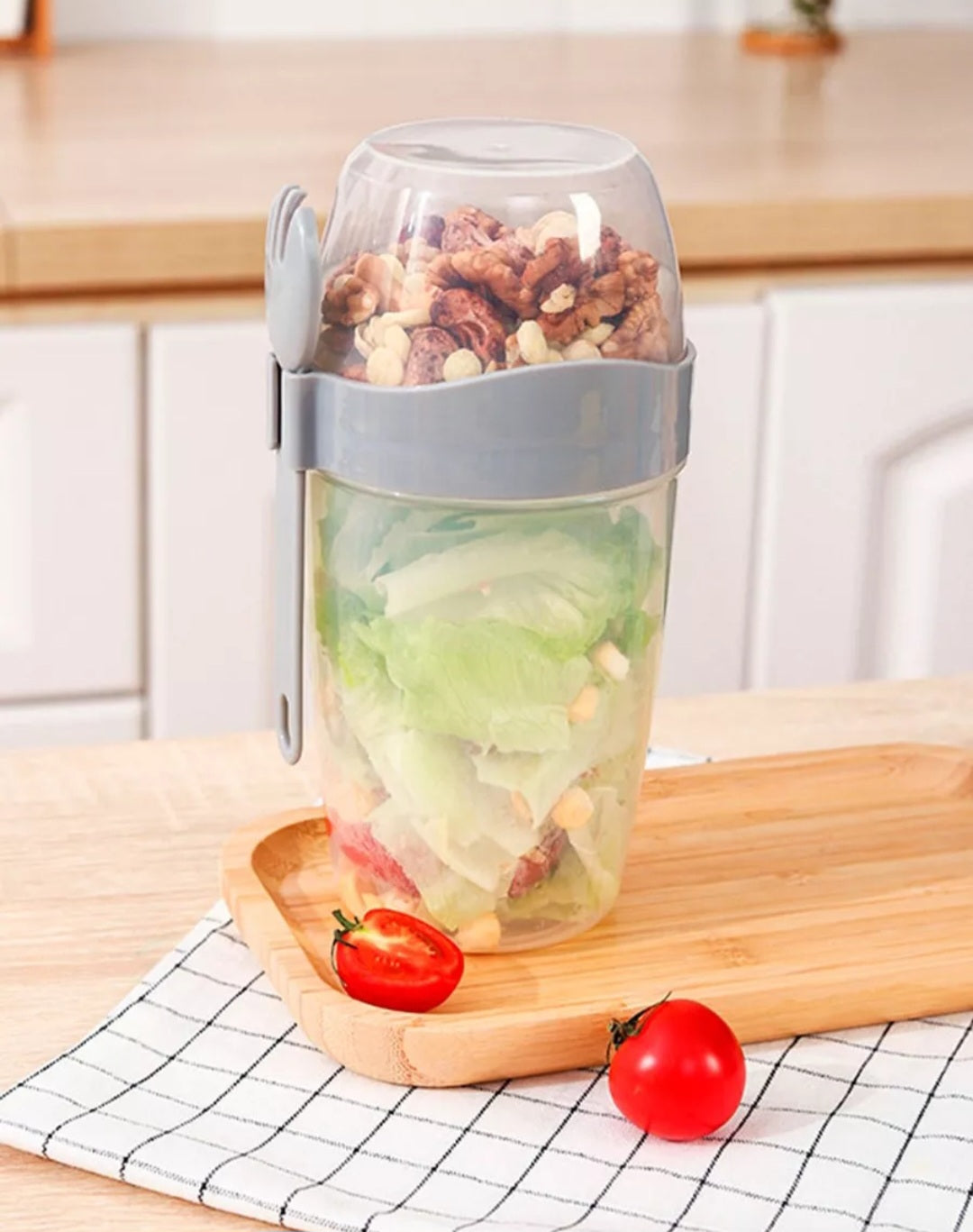 Vaso Mezclador Porta Ensaladas Frutas Cereales Yogurt con Tenedor