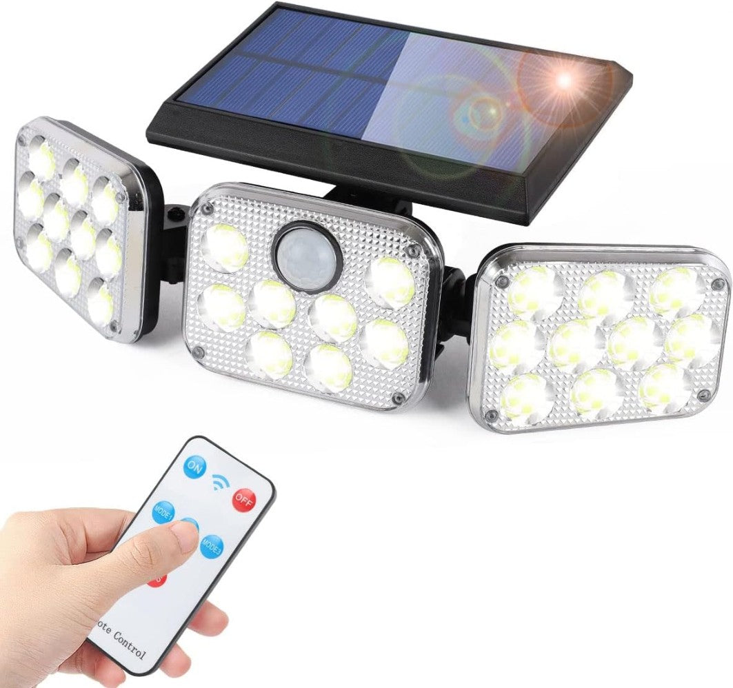 Foco solar triple con panel control remoto y sensor de movimiento