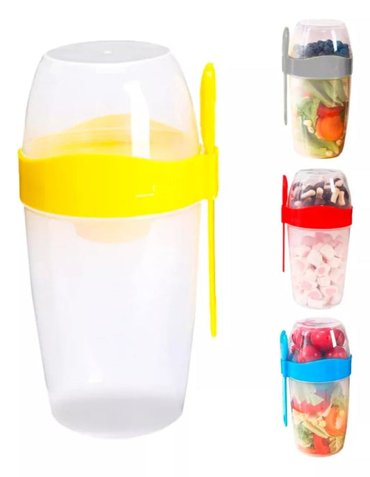 Vaso Mezclador Porta Ensaladas Frutas Cereales Yogurt con Tenedor